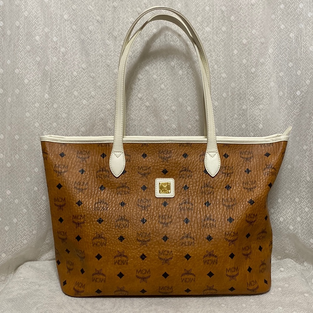*SOLD*MCM Visetos Zip Top Cognac Brown Coated Canvas Tote - Picture 1 of 17